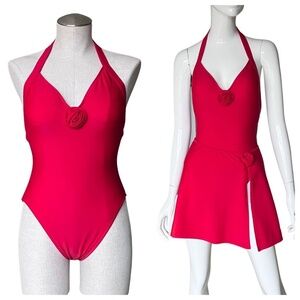 Oscar De La Renta Red Swimsuit Size 10 With Matching Cover-Up Mini Skirt S/M NWT